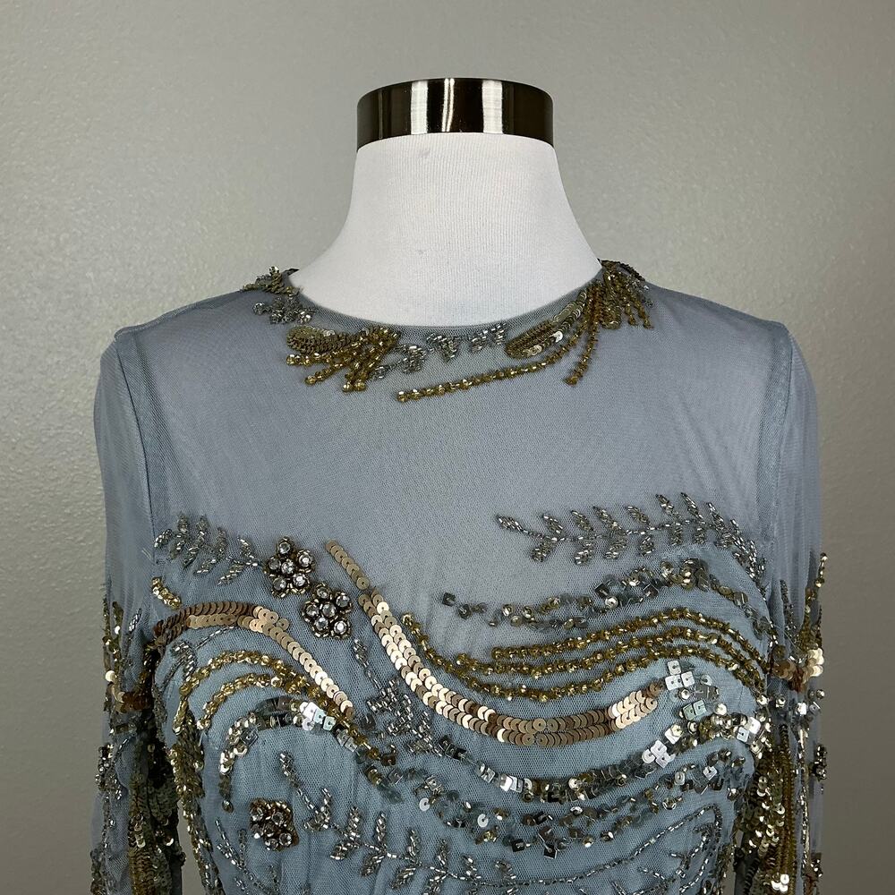 Mac Duggal 5217 Silver/Gold Evening Gown Sequin Long Sleeve A-Line Dress Size 6 - Picture 8 of 11